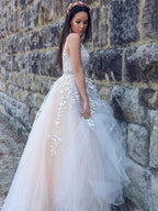 A-Line/Elegant Applique Tulle Sleeveless V-neck Prom Dresses by misshow.com