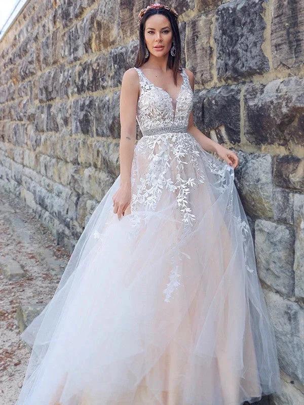 A-Line/Elegant Applique Tulle Sleeveless V-neck Prom Dresses by misshow.com