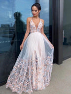 A-Line/Elegant Applique Tulle V-neck Sleeveless Floor-Length Prom Dresses by misshow.com