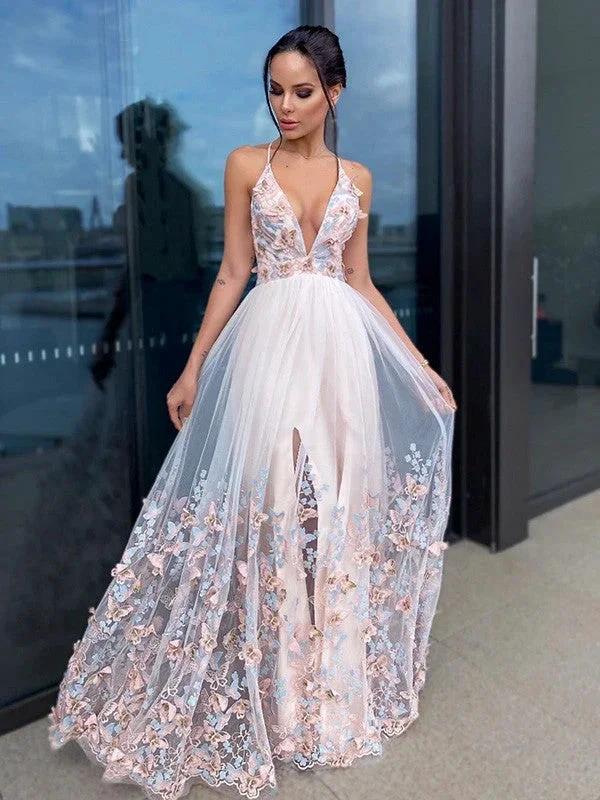 A-Line/Elegant Applique Tulle V-neck Sleeveless Floor-Length Prom Dresses by misshow.com