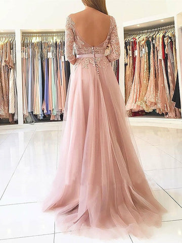 A-Linie/Elegantes Bateau-Abschlussballkleid mit 3/4-Ärmeln und Applikationen aus Tüll