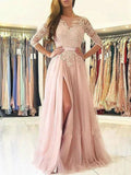 A-Line/Elegant Bateau 3/4 Sleeves Applique Tulle Prom Dresses by misshow.com