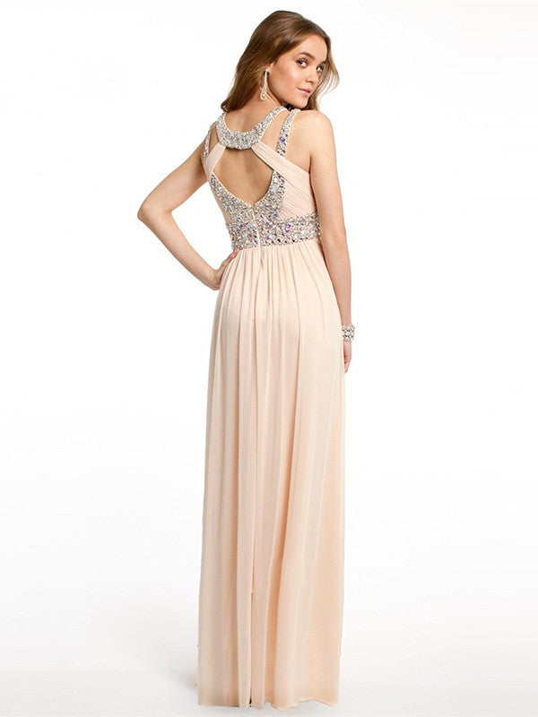 A-Line/Elegant Bateau Beading Sleeveless Chiffon Floor-Length Prom Dresses Main Image