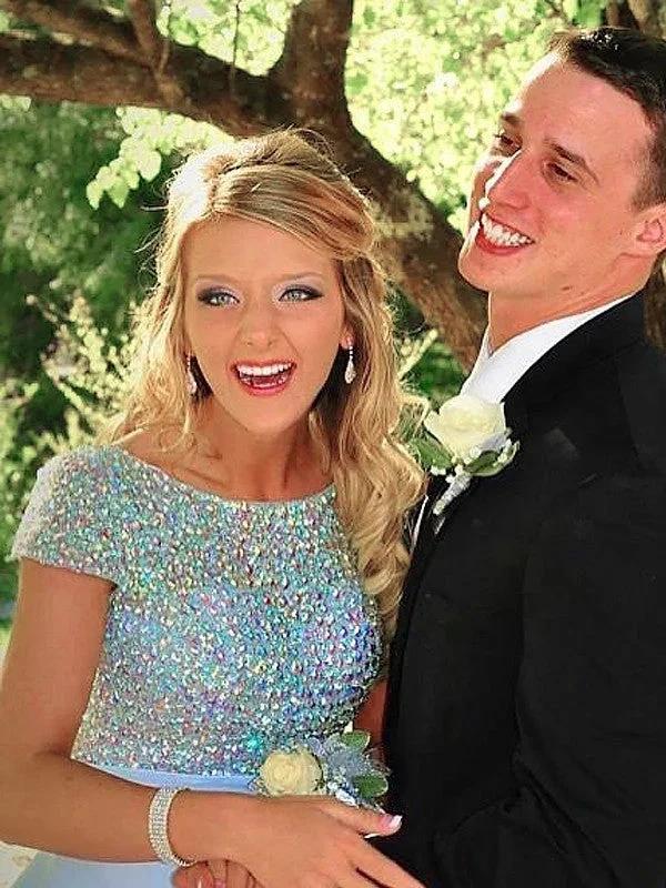 A-Line/Elegant Bateau Short Sleeves Beading Satin Prom Dresses by misshow.com