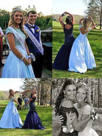 A-Line/Elegant Bateau Short Sleeves Beading Satin Prom Dresses by misshow.com
