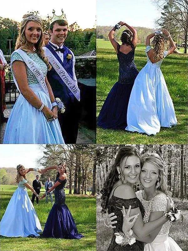 A-Line/Elegant Bateau Short Sleeves Beading Satin Prom Dresses by misshow.com