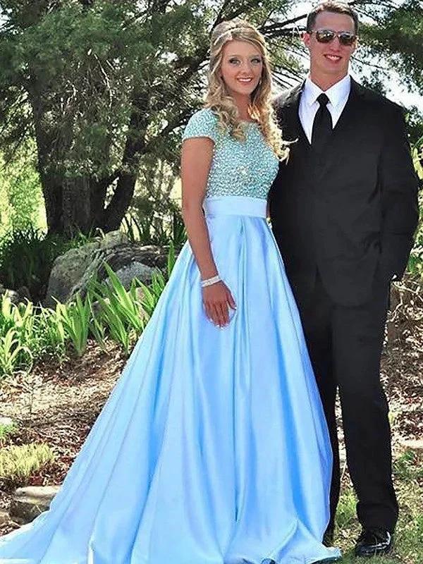 A-Line/Elegant Bateau Short Sleeves Beading Satin Prom Dresses by misshow.com