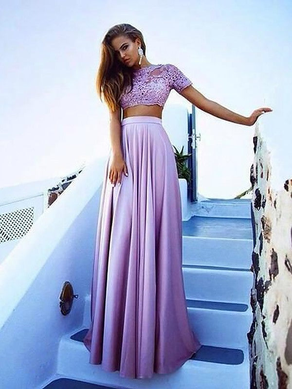 A-Line/Elegant Bateau Short Sleeves Satin Floor-Length Lace Two Piece Prom Dresses Hover Image