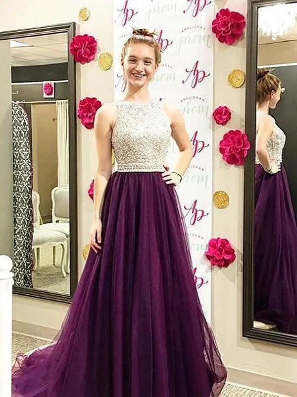 A-Line/Elegant Bateau Sleeveless Beading Tulle Prom Dresses by misshow.com