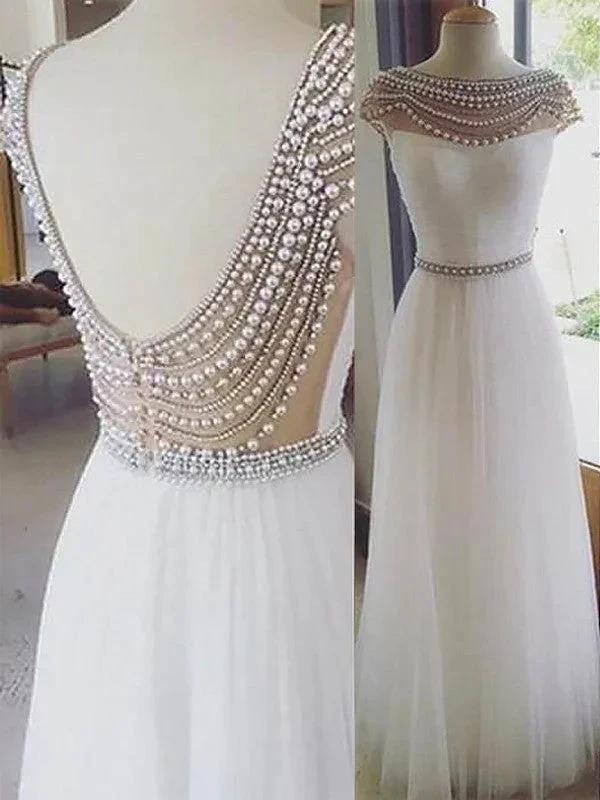 A-Line/Elegant Bateau Sleeveless Floor-Length Beading Tulle Prom Dresses by misshow.com