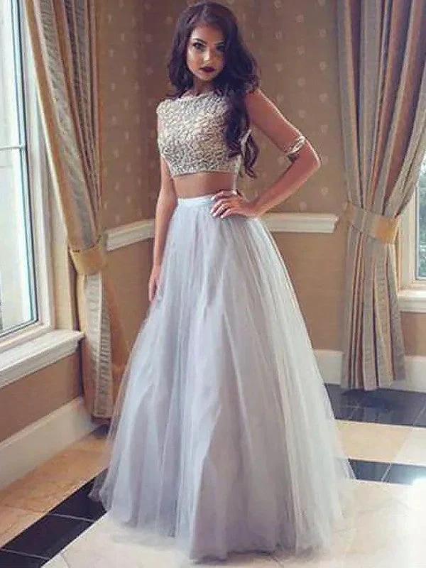 A-Line/Elegant Bateau Sleeveless Tulle Floor-Length Beading Two Piece Prom Dresses by misshow.com