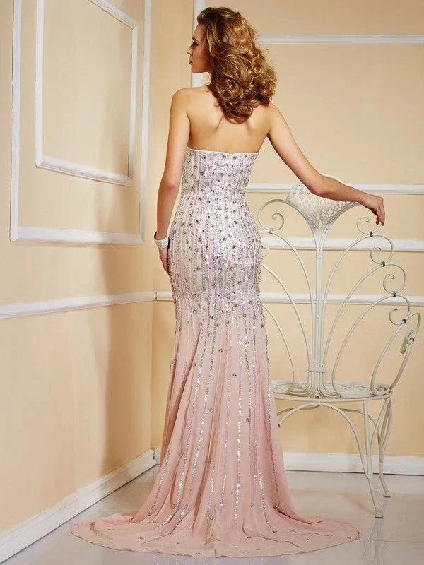 A-Line/Elegant Beading Strapless Sleeveless Long Chiffon Prom Dresses by misshow.com