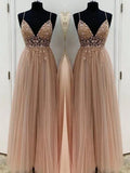 A-Line/Elegant Beading Tulle Spaghetti Straps Sleeveless Floor-Length Prom Dresses by misshow.com