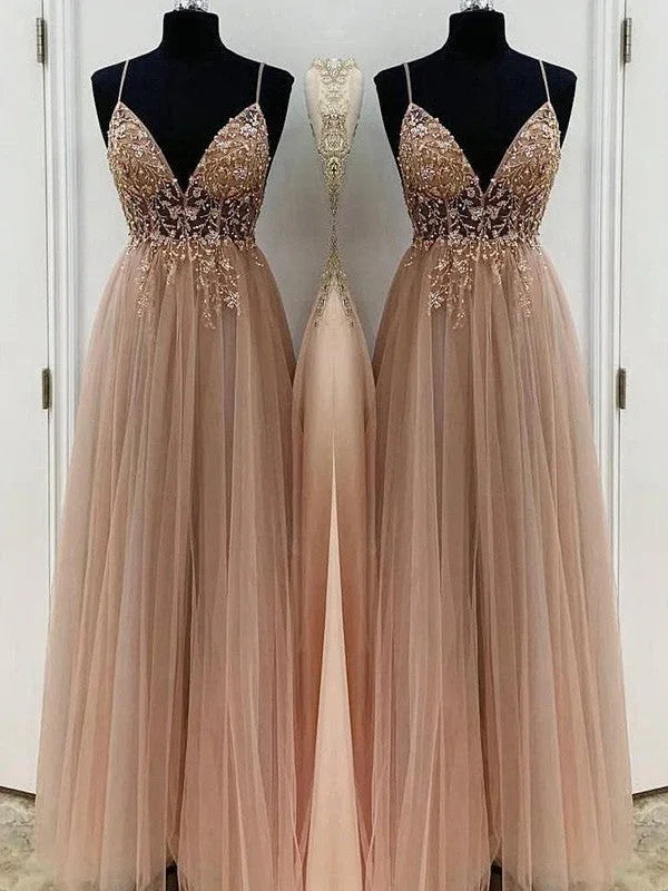 A-Line/Elegant Beading Tulle Spaghetti Straps Sleeveless Floor-Length Prom Dresses by misshow.com