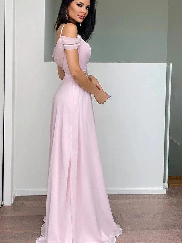 A-Line/Elegant Chiffon Beading Straps Sleeveless Floor-Length Prom Dresses by misshow.com