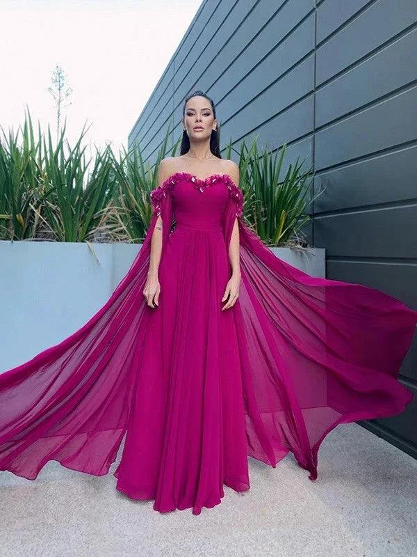 A-Line/Elegant Chiffon Floor-Length Long Sleeves Ruffles Off-the-Shoulder Prom Dresses by misshow.com