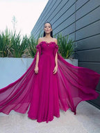 A-Line/Elegant Chiffon Floor-Length Long Sleeves Ruffles Off-the-Shoulder Prom Dresses by misshow.com
