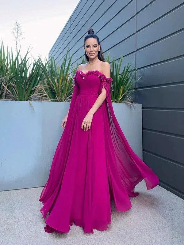A-Line/Elegant Chiffon Floor-Length Long Sleeves Ruffles Off-the-Shoulder Prom Dresses by misshow.com