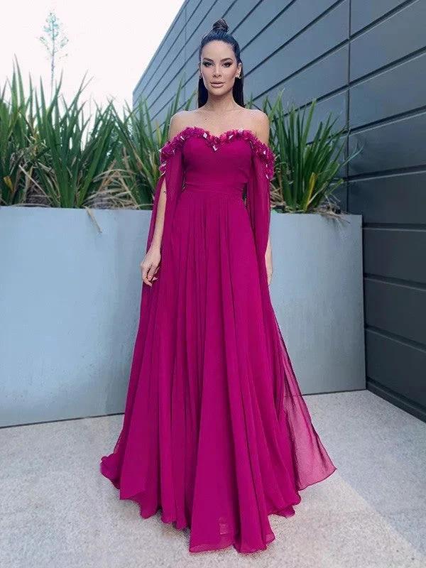 A-Line/Elegant Chiffon Floor-Length Long Sleeves Ruffles Off-the-Shoulder Prom Dresses by misshow.com