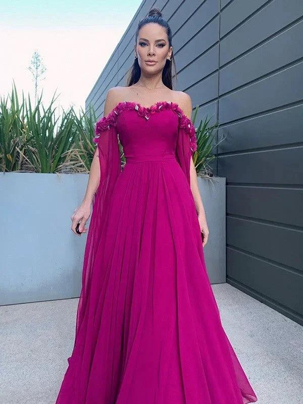 A-Line/Elegant Chiffon Floor-Length Long Sleeves Ruffles Off-the-Shoulder Prom Dresses by misshow.com