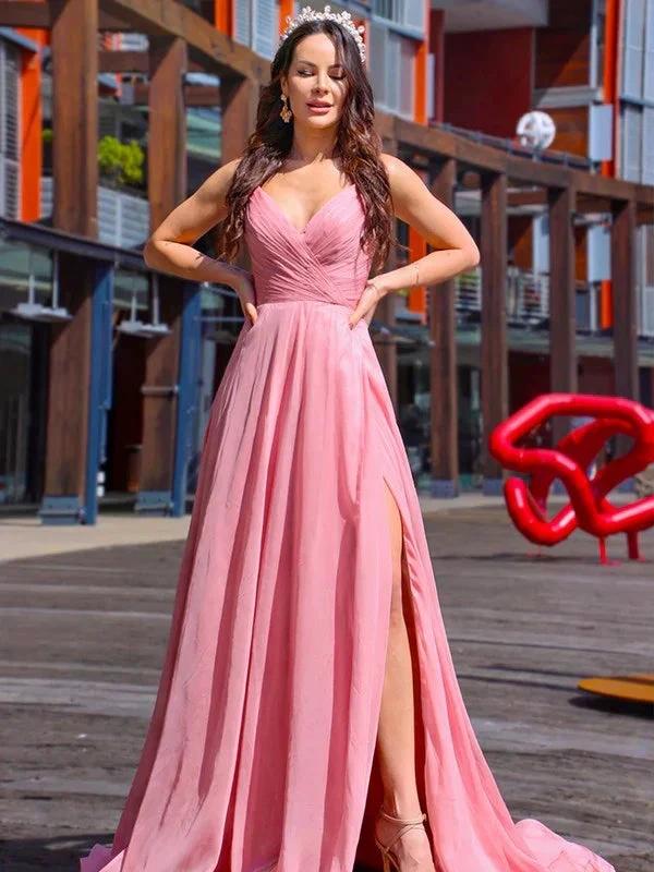 A-Line/Elegant Chiffon Ruched Spaghetti Straps Sleeveless Prom Dresses by misshow.com