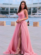 A-Line/Elegant Chiffon Ruched Spaghetti Straps Sleeveless Prom Dresses by misshow.com