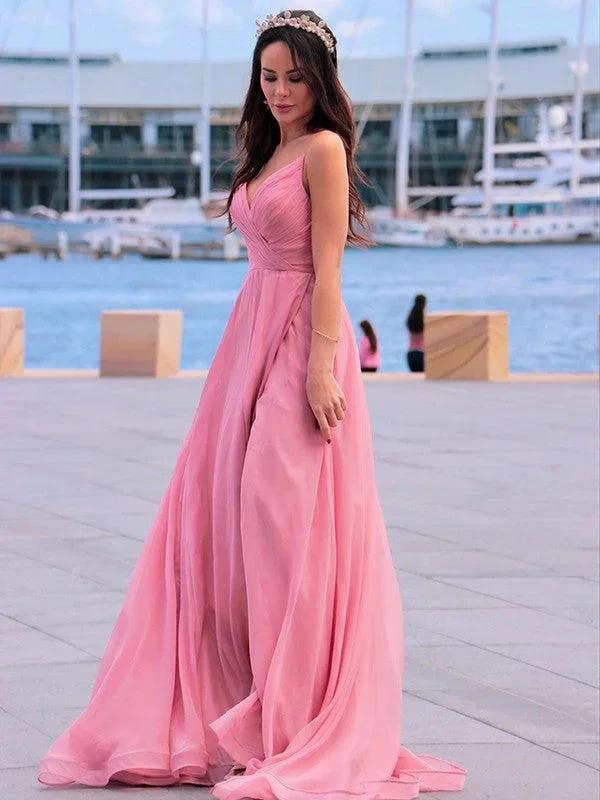 A-Line/Elegant Chiffon Ruched Spaghetti Straps Sleeveless Prom Dresses by misshow.com