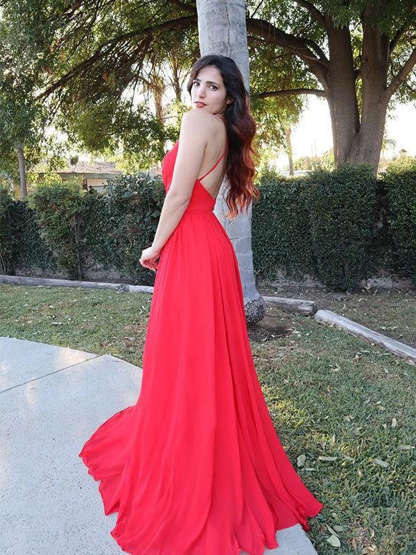 A-Line/Elegant Chiffon Spaghetti Straps Ruffles Sleeveless Floor-Length Prom Dresses by misshow.com