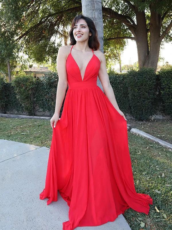 A-Line/Elegant Chiffon Spaghetti Straps Ruffles Sleeveless Floor-Length Prom Dresses by misshow.com