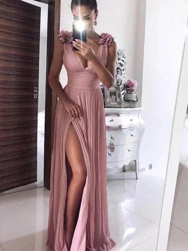 A-Line/Elegant Chiffon V-neck Hand-Made Flower Sleeveless Floor-Length Prom Dresses by misshow.com