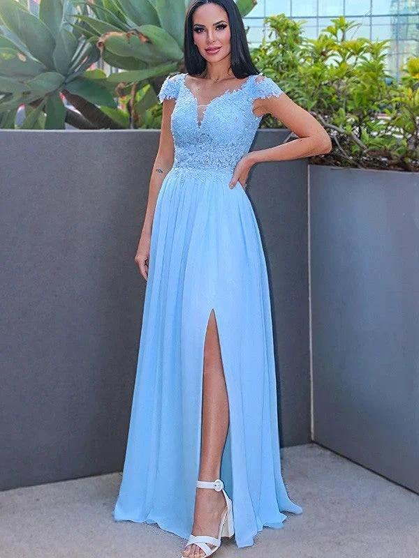 A-Line/Elegant Floor-Length Off-the-Shoulder Sleeveless Chiffon Applique Prom Dresses by misshow.com