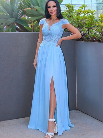 A-Linie/Elegant Bodenlang Off-the-Shoulder Ärmellos Chiffon Applikationen Ballkleider