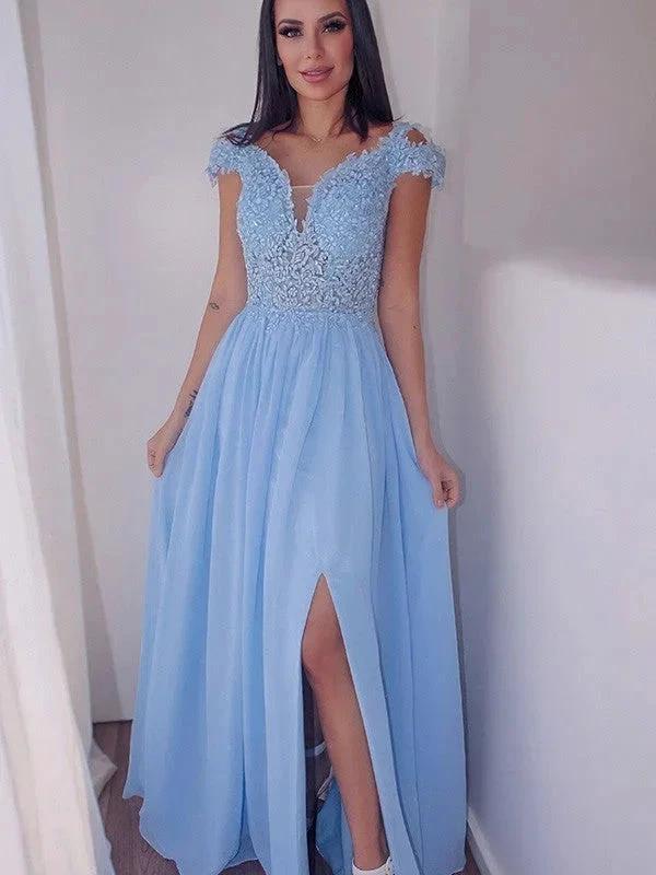 A-Line/Elegant Floor-Length Off-the-Shoulder Sleeveless Chiffon Applique Prom Dresses by misshow.com