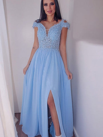 A-Linie/Elegant Bodenlang Off-the-Shoulder Ärmellos Chiffon Applikationen Ballkleider
