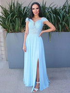 A-Line/Elegant Floor-Length Off-the-Shoulder Sleeveless Chiffon Applique Prom Dresses by misshow.com