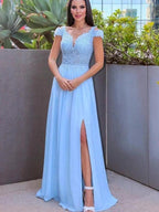 A-Line/Elegant Floor-Length Off-the-Shoulder Sleeveless Chiffon Applique Prom Dresses by misshow.com