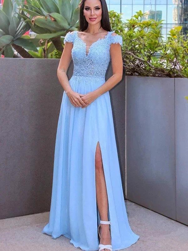 A-Line/Elegant Floor-Length Off-the-Shoulder Sleeveless Chiffon Applique Prom Dresses by misshow.com