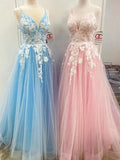 A-Line/Elegant Floor-Length V-neck Applique Sleeveless Tulle Prom Dresses by misshow.com