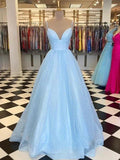 A-Line/Elegant Floor-Length V-neck Sleeveless Tulle Ruffles Prom Dresses by misshow.com