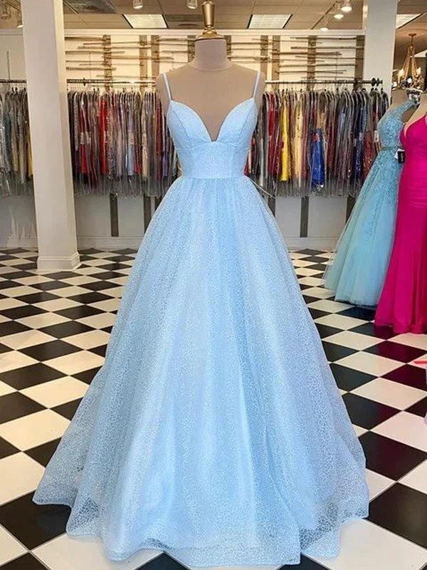 A-Line/Elegant Floor-Length V-neck Sleeveless Tulle Ruffles Prom Dresses by misshow.com