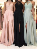 A-Line/Elegant Halter Applique Sleeveless Ruched Chiffon Prom Dresses by misshow.com
