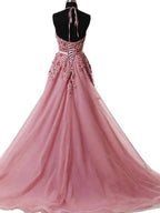 A-Line/Elegant Halter Sleeveless Applique Tulle Prom Dresses by misshow.com