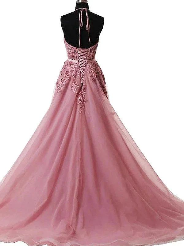 A-Line/Elegant Halter Sleeveless Applique Tulle Prom Dresses by misshow.com
