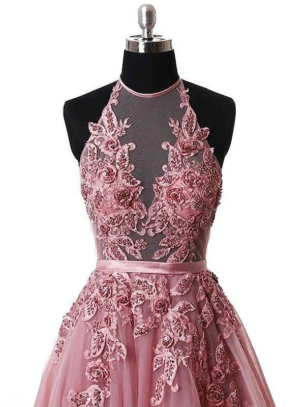 A-Line/Elegant Halter Sleeveless Applique Tulle Prom Dresses by misshow.com