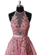 A-Line/Elegant Halter Sleeveless Applique Tulle Prom Dresses by misshow.com