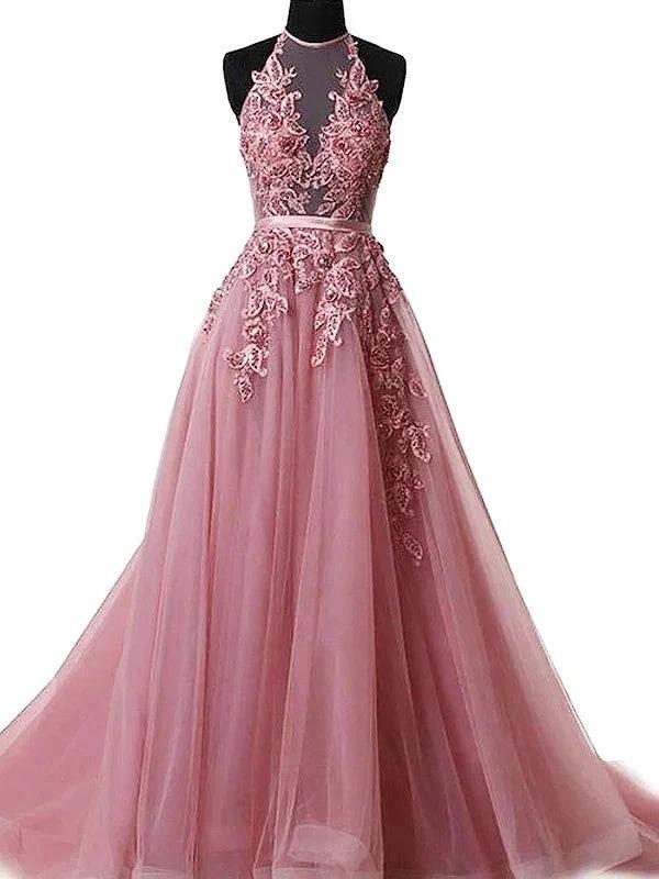 A-Line/Elegant Halter Sleeveless Applique Tulle Prom Dresses by misshow.com