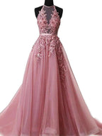A-Line/Elegant Halter Sleeveless Applique Tulle Prom Dresses by misshow.com
