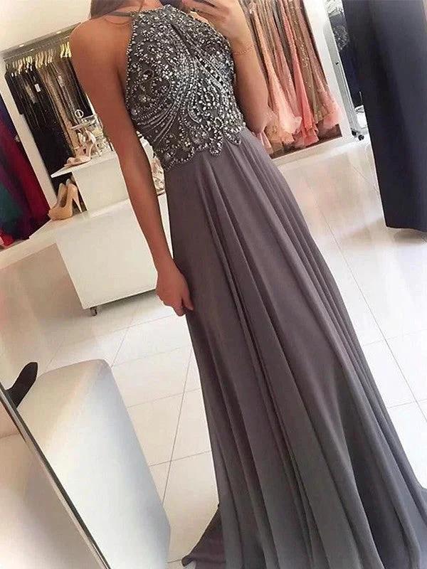 A-Line/Elegant Halter Sleeveless Beading Chiffon Prom Dresses by misshow.com