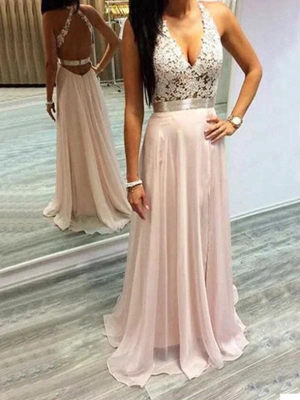 A-Line/Elegant Halter Sleeveless Chiffon Lace Prom Dresses by misshow.com
