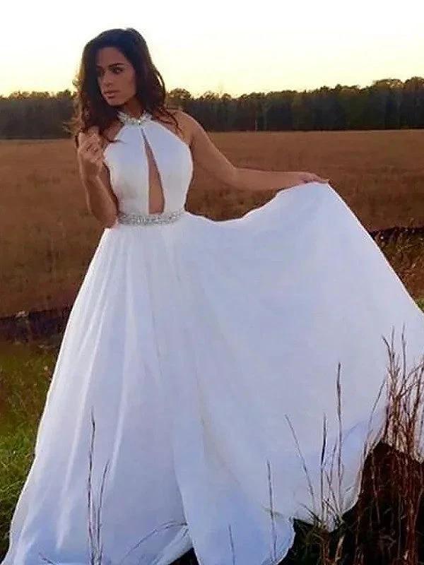 A-Line/Elegant Halter Sleeveless Floor-Length Beading Chiffon Prom Dresses by misshow.com